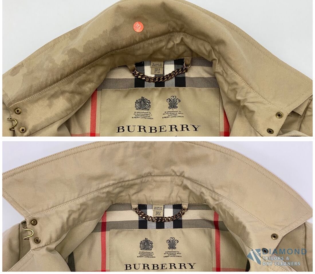 Burberry trench coat collar and check lining before and after cleaning