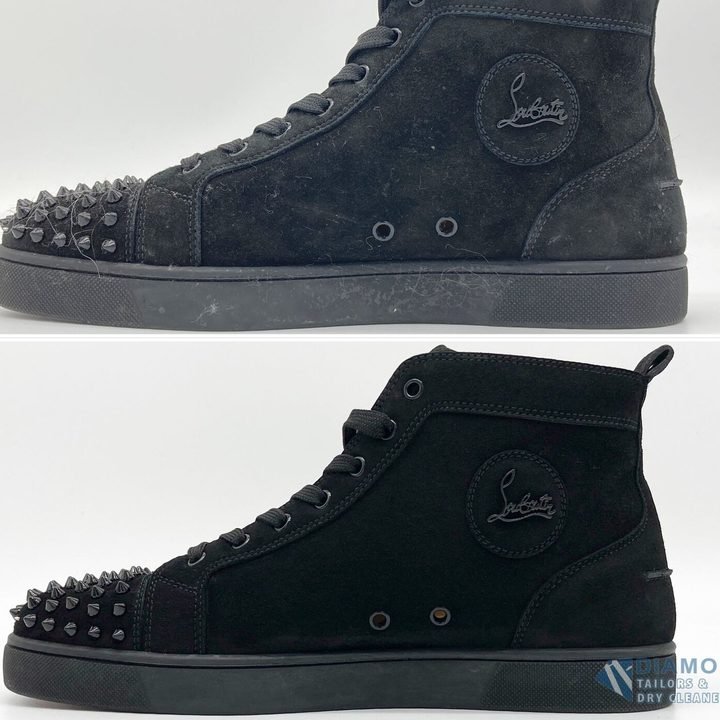 A black suede Louboutin trainer before and after hand cleaning