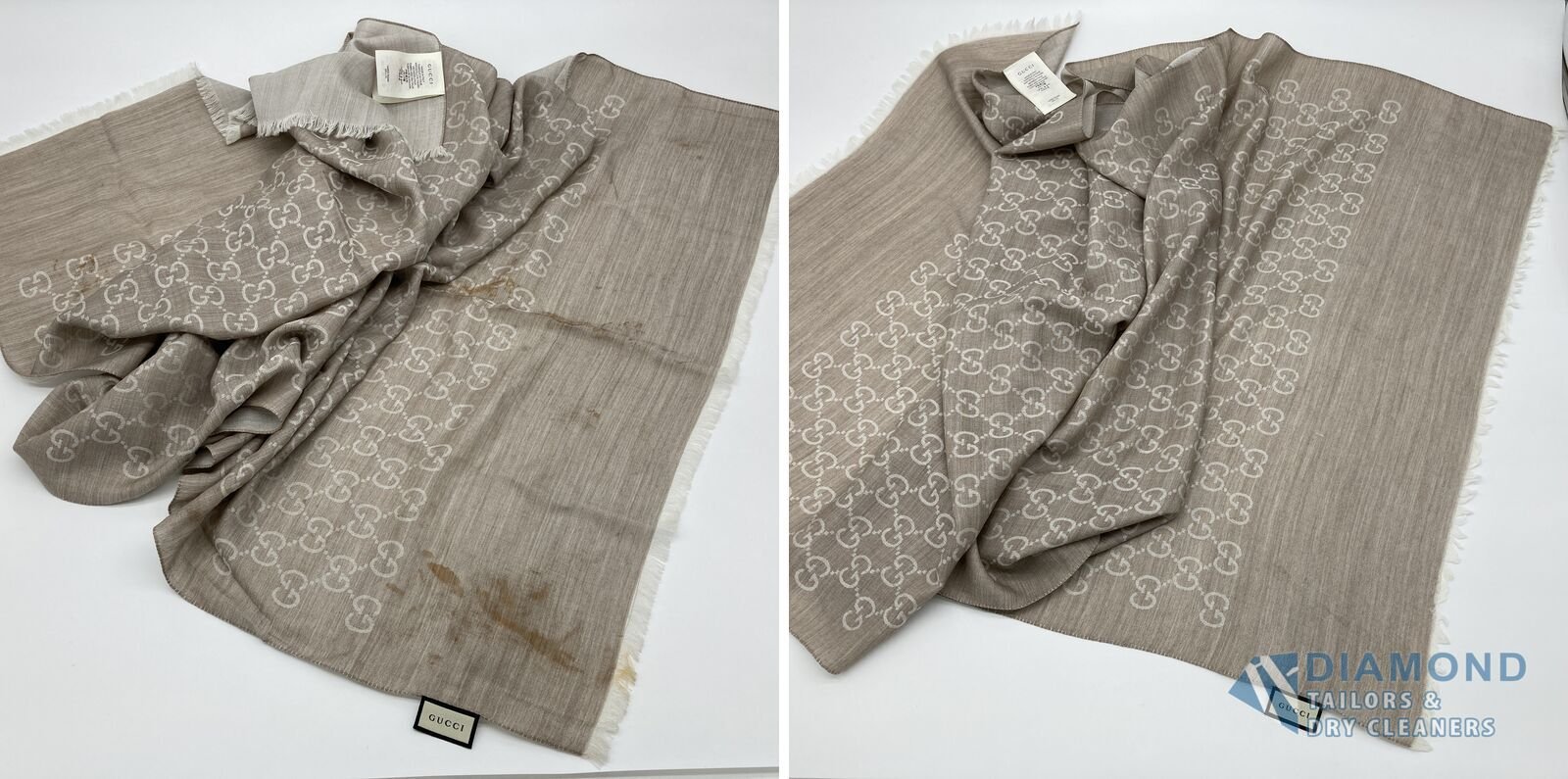 Gucci wool and silk logo scarf before and after removal of a ketchup and grease stain