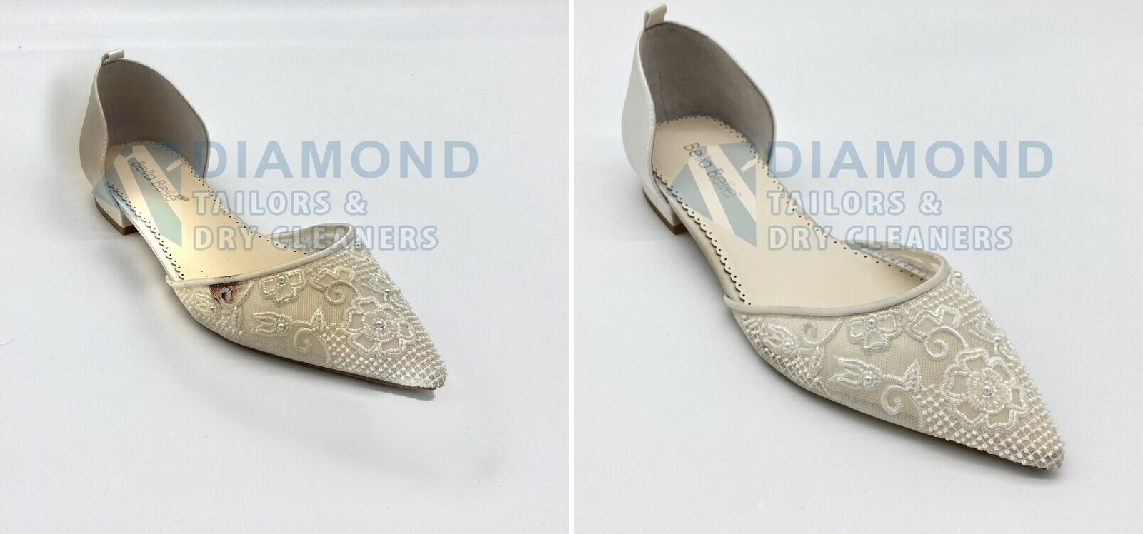 Lace wedding shoe before and after cleaning, showing the stain lifted and the shoe restored to pristine condition